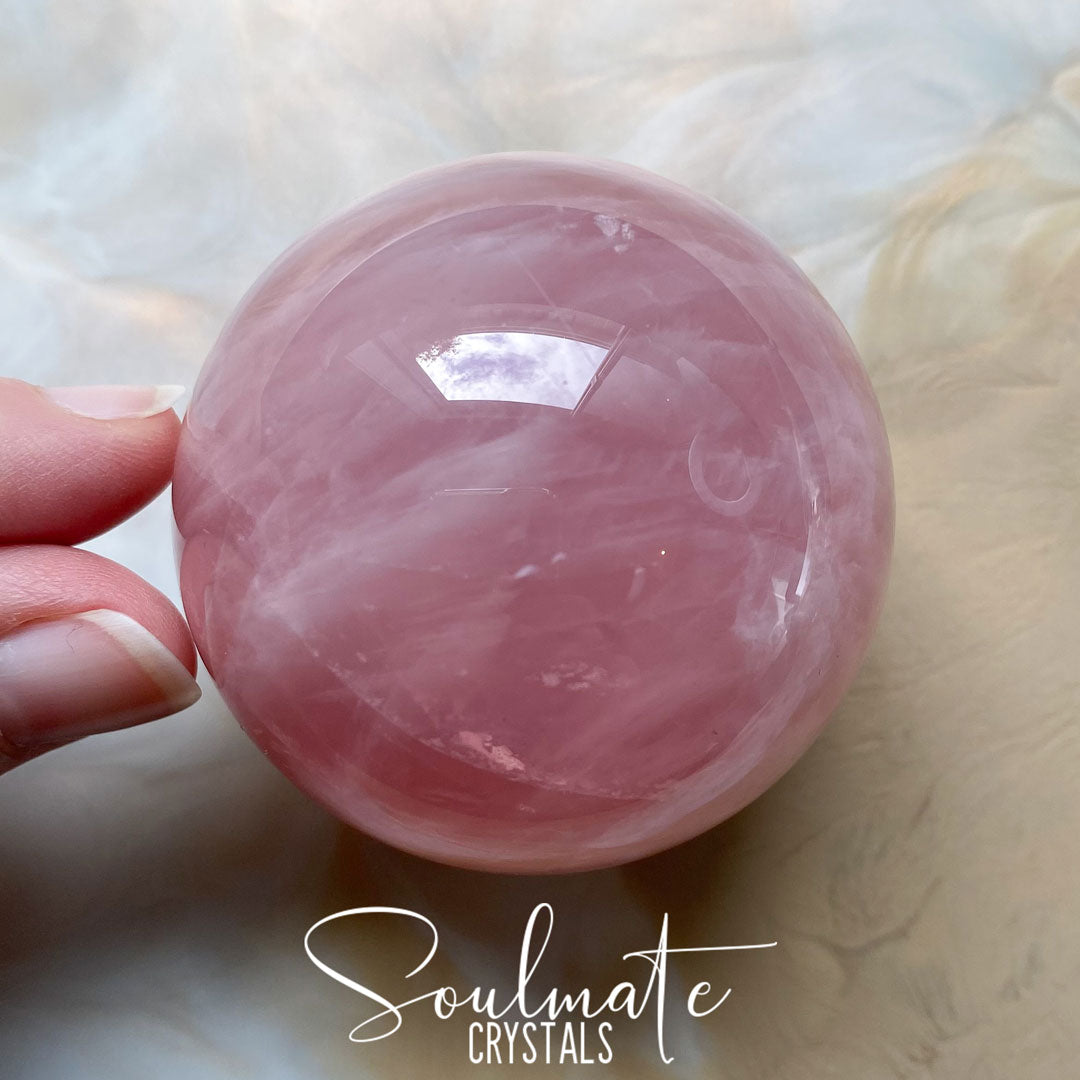 Soulmate Crystals Rose Quartz Polished Crystal Sphere, Pink Crystal for Self-Love, Forgiveness, Unconditional Love.