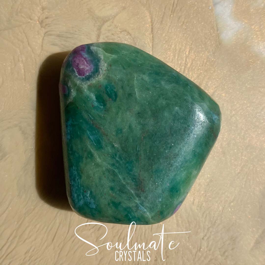 Soulmate Crystals Ruby Fuchsite Dark Tumbled Stone, Pink-Red Ruby Inclusions in Green Crystal for Emotional Harmony