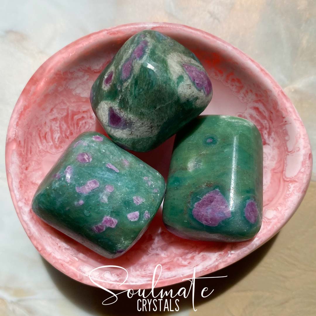 Soulmate Crystals Ruby Fuchsite Dark Tumbled Stone, Pink-Red Ruby Inclusions in Green Crystal for Emotional Harmony