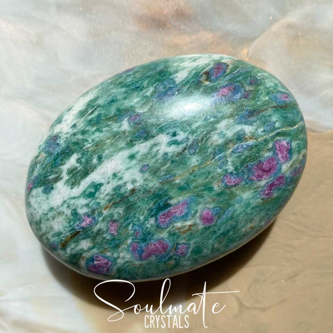 Soulmate Crystals Ruby Fuchsite Polished Palm Stone, Pink-Red Ruby Inclusions in Green Crystal for Emotional Harmony