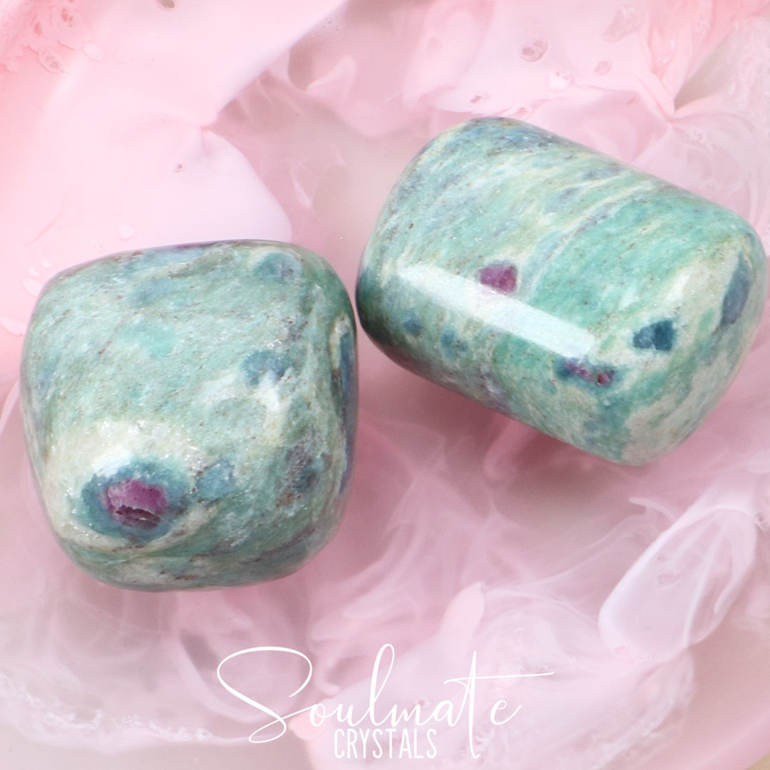 Soulmate Crystals Ruby Fuchsite Tumbled Stone, Pink-Red Ruby Inclusions in Green Crystal for Emotional Harmony