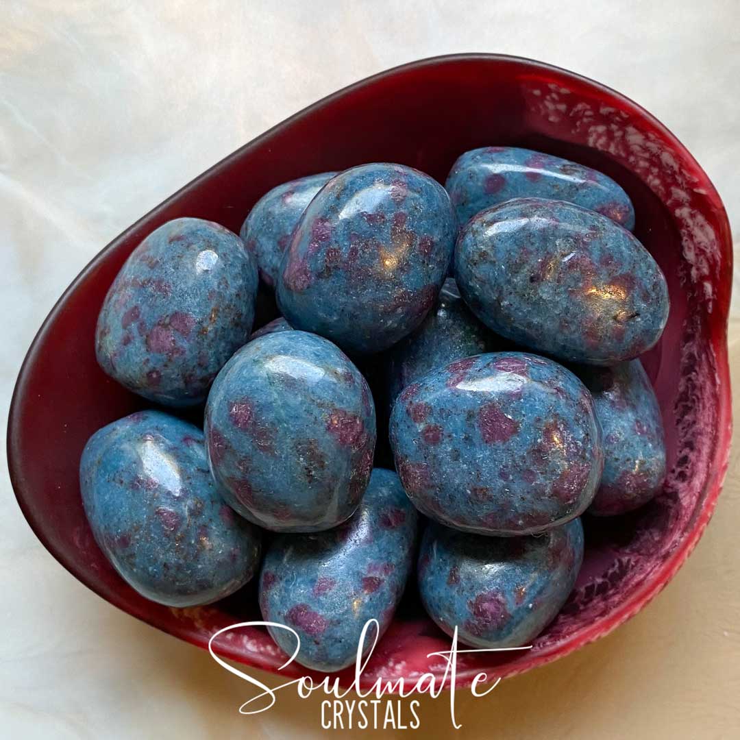 Soulmate Crystals Ruby Blue Kyanite Tumbled Stone, Pinkish Red Ruby Inclusions Blue Kyanite Crystal for Rejuvenation, Heart Balancing, Heart-Mind Communication, Connection, Happiness, Abundance, Manifestation, Dream Recall.