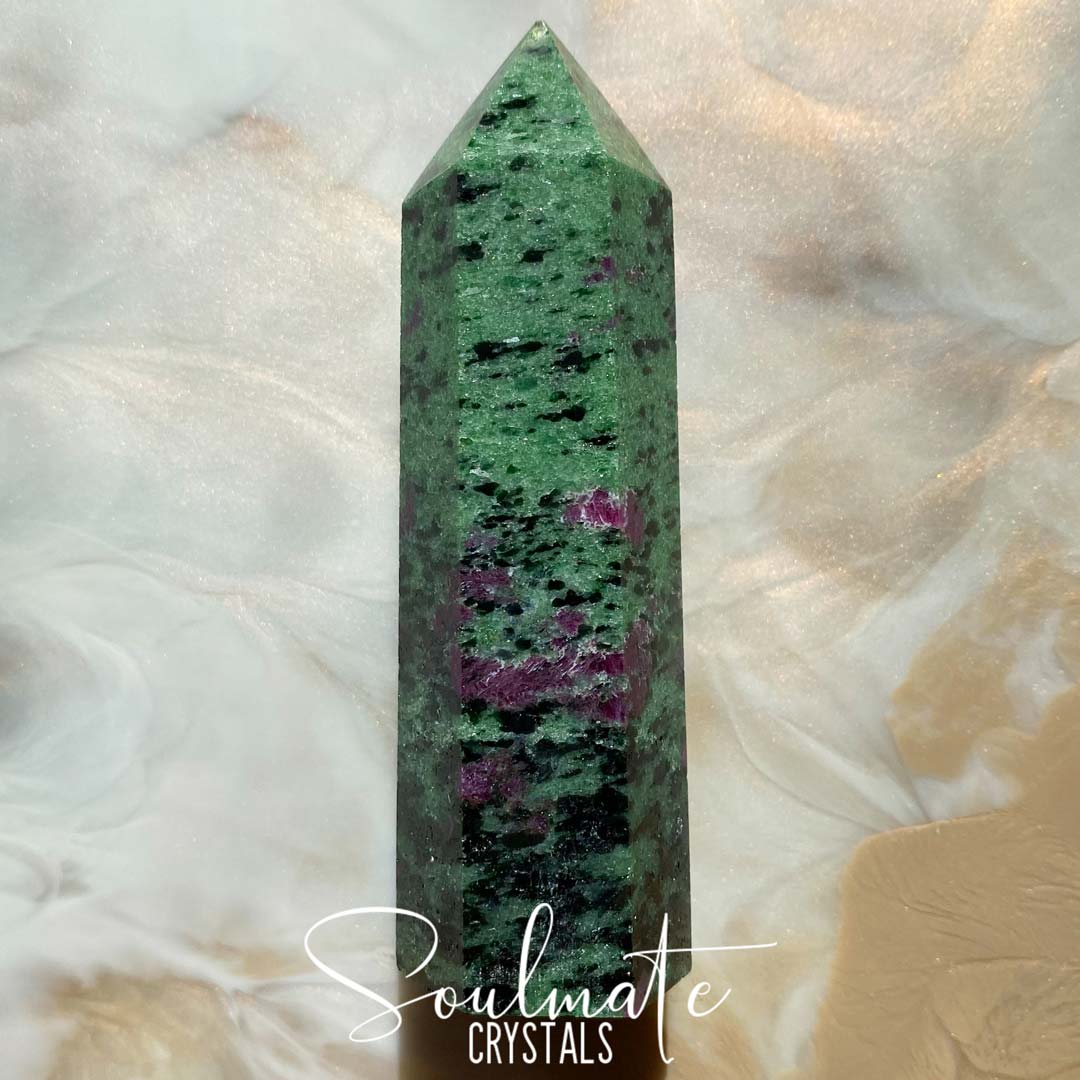 Soulmate Crystals Ruby Zoisite Polished Stone Point, Ruby Studded Green Crystal for Emotional Harmony