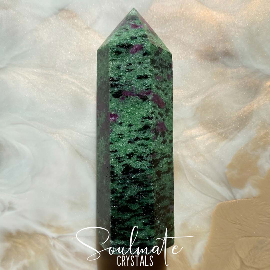 Soulmate Crystals Ruby Zoisite Polished Stone Point, Ruby Studded Green Crystal for Emotional Harmony