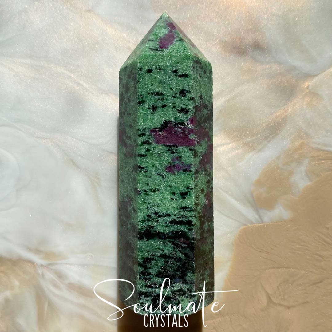 Soulmate Crystals Ruby Zoisite Polished Stone Point, Ruby Studded Green Crystal for Emotional Harmony
