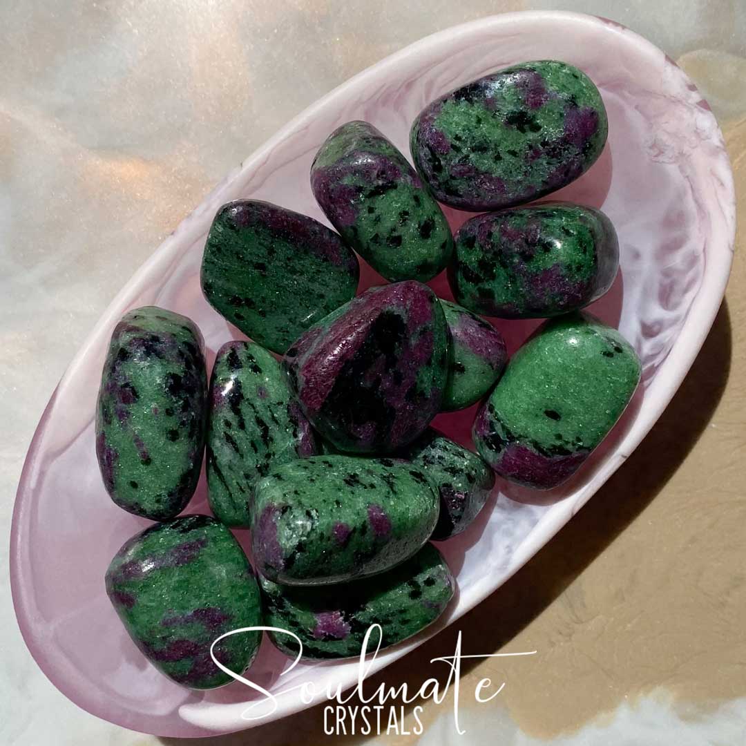 Soulmate Crystals Ruby Zoisite Tumbled Stone, Ruby Studded Green Crystal for Emotional Harmony