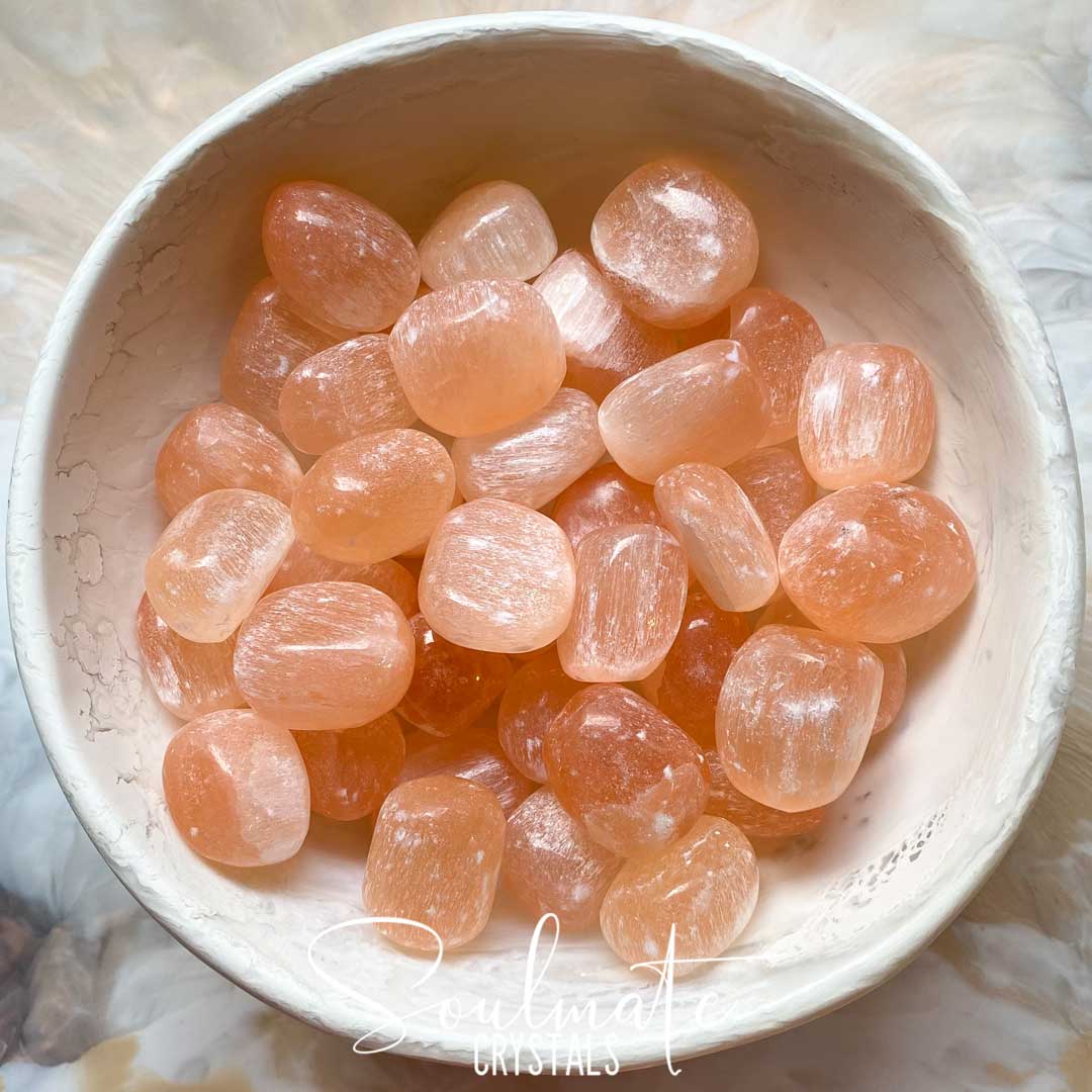 Soulmate Crystals Orange Peach Selenite Tumbled Stone, Polished Orange Peach Crystal for Happiness