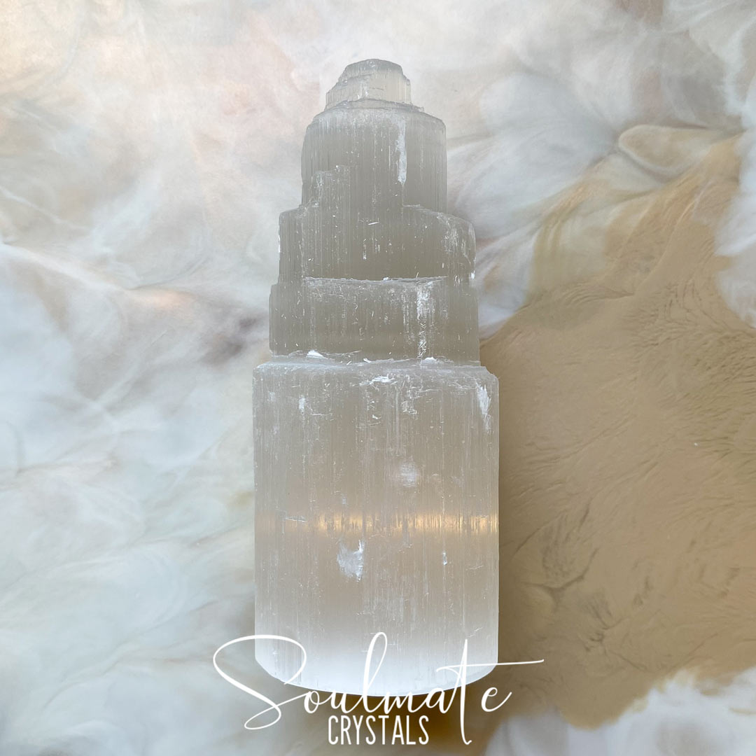 Soulmate Crystals White Selenite White Carved Crystal Mini Tower, White Gypsum Crystal for Energetic Cleansing.