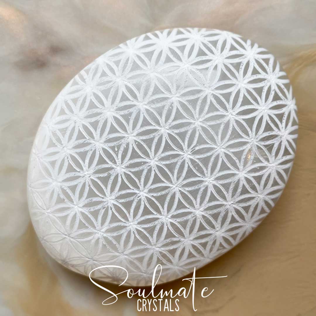 Soulmate Crystals White Selenite Polished Flower of Life Palm Stone, White Gypsum Crystal Oval Etched Stone for Energetic Cleansing