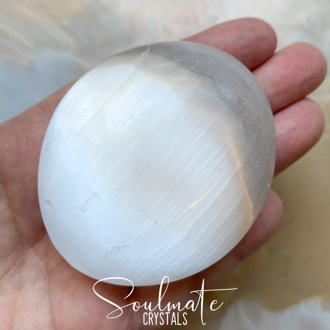Soulmate Crystals White Selenite Polished Palm Stone, White Gypsum Crystal Oval Etched Stone for Energetic Cleansing