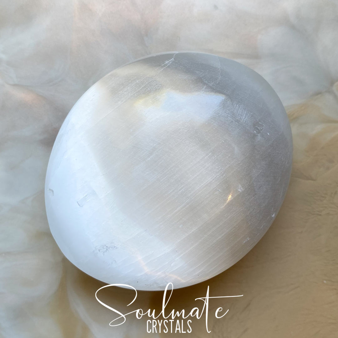 Soulmate Crystals White Selenite Polished Palm Stone, White Gypsum Crystal Oval Etched Stone for Energetic Cleansing