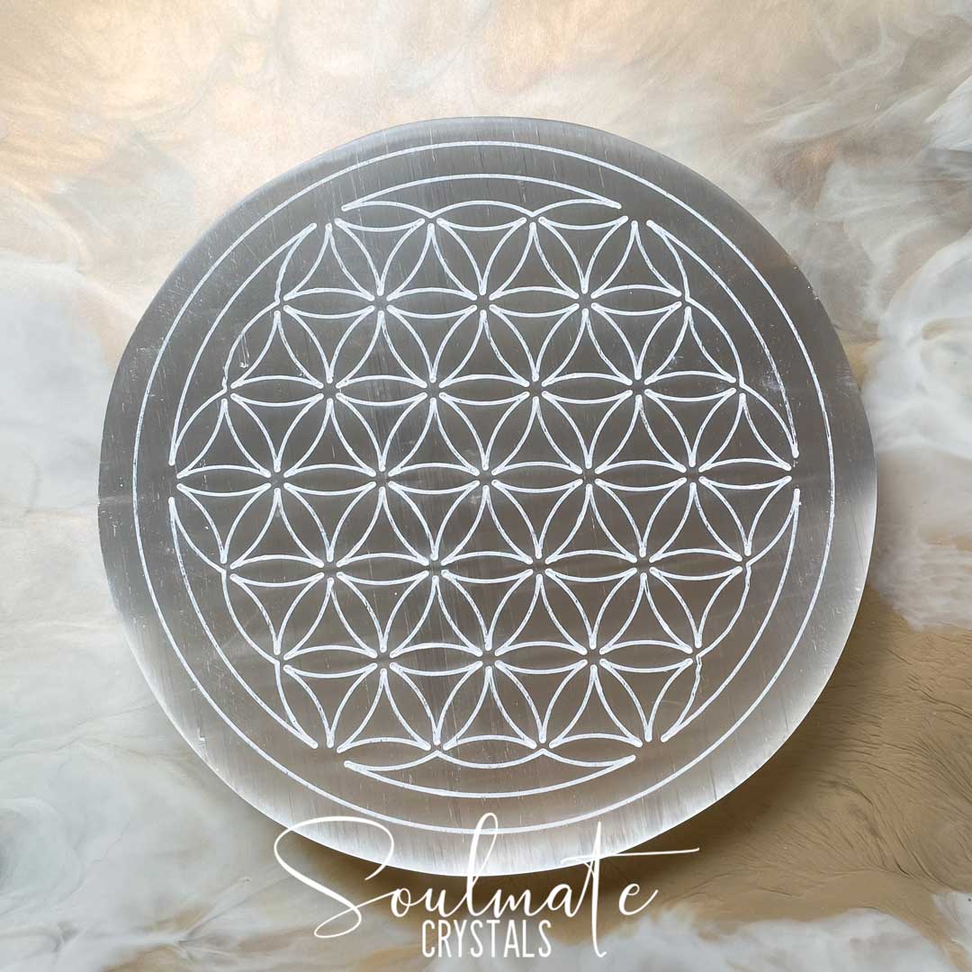 Soulmate Crystals Selenite White Polished Crystal Disc, Etched Rounded Plate Flower of Life Design for Crystal Display, Crystal Grids.