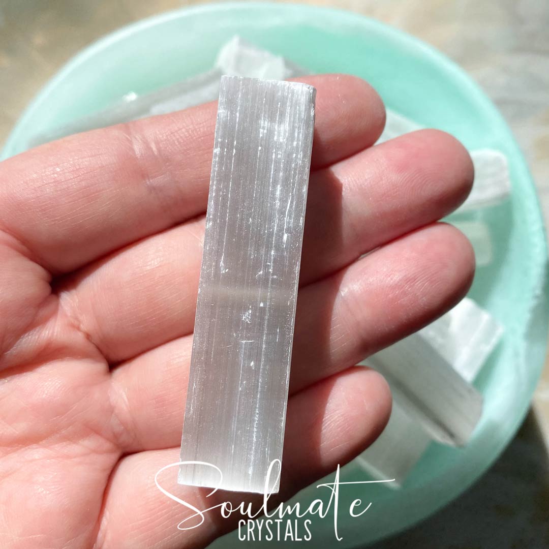 Soulmate Crystals Selenite White Raw Natural Crystal Stick, Rectangular Wand, White Gypsum Crystal for Energetic Cleansing.