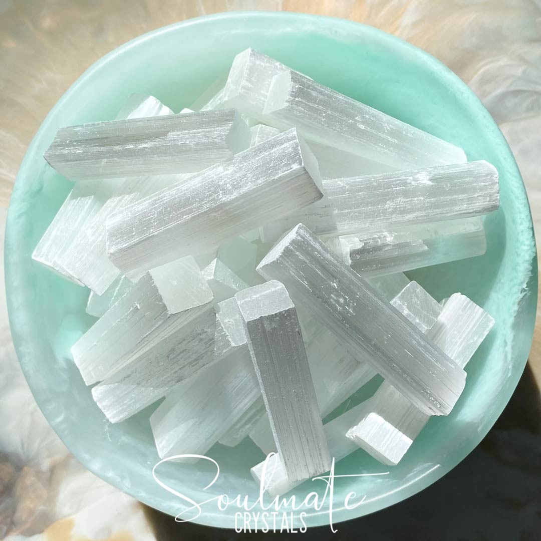 Soulmate Crystals Selenite White Raw Natural Crystal Stick, Rectangular Wand, White Gypsum Crystal for Energetic Cleansing.