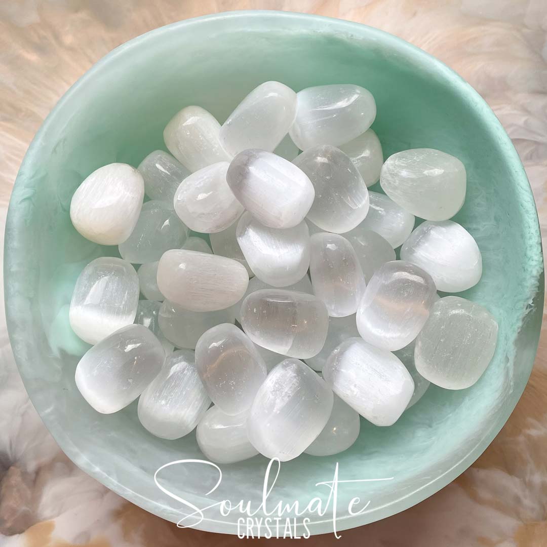 Soulmate Crystals White Selenite Tumbled Stone Extra Quality Grade, Polished White Gypsum for Energetic Cleansing, Peace, Mental Clarity.