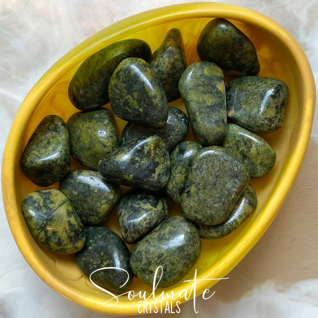 Soulmate Crystals Green Serpentine Tumbled Stone, Polished Olive Green Stone, Crystal for Vitality, Rejuvenation, Transformation, Rebirth.