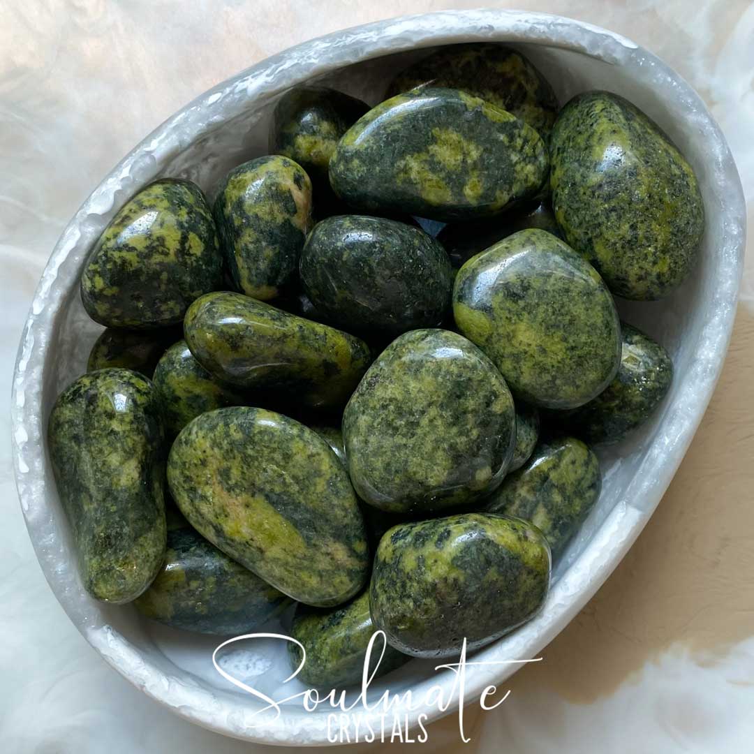 Soulmate Crystals Green Serpentine Tumbled Stone, Polished Olive Green Stone, Crystal for Vitality, Rejuvenation, Transformation, Rebirth.