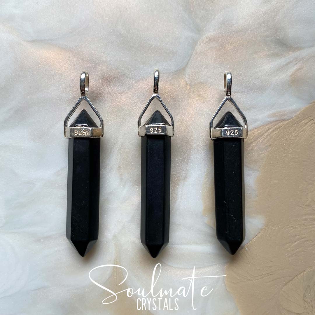 Soulmate Crystals Shungite Sterling Silver Double-Terminated Crystal Pendant, Black Crystal for Allieviating Anxiety, EMF Protection.