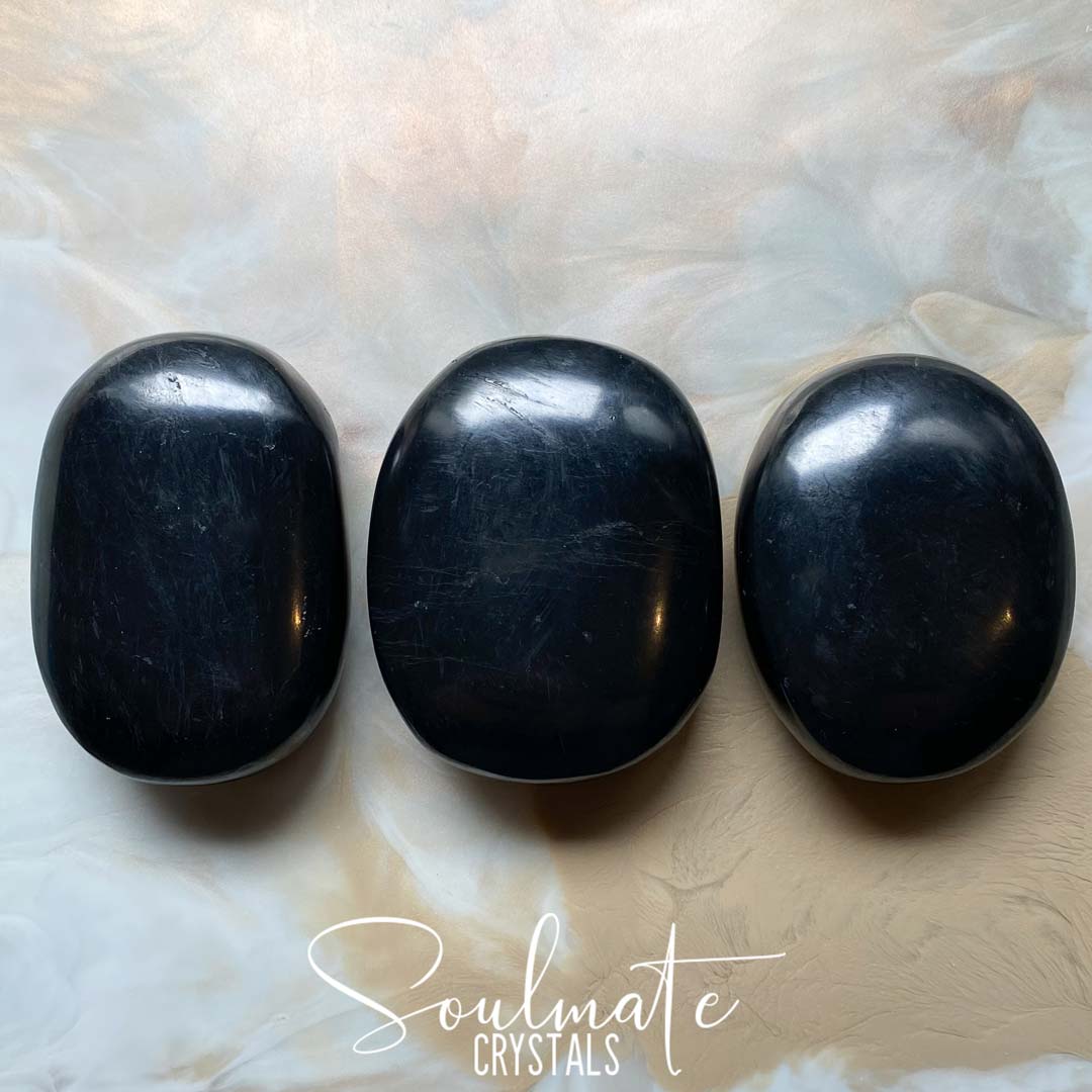 Soulmate Crystals Shungite Polished Crystal Palm Stone, Black Polished Stone Fullerene for Wellness, EMF Protection