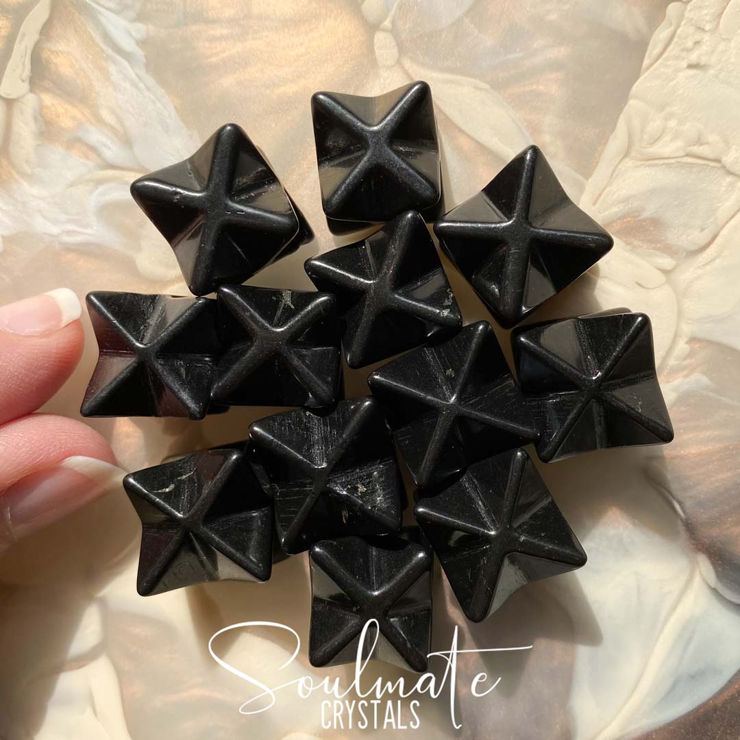 Soulmate Crystals Shungite Polished Stone Merkaba, Black Star, Sacred Geometry