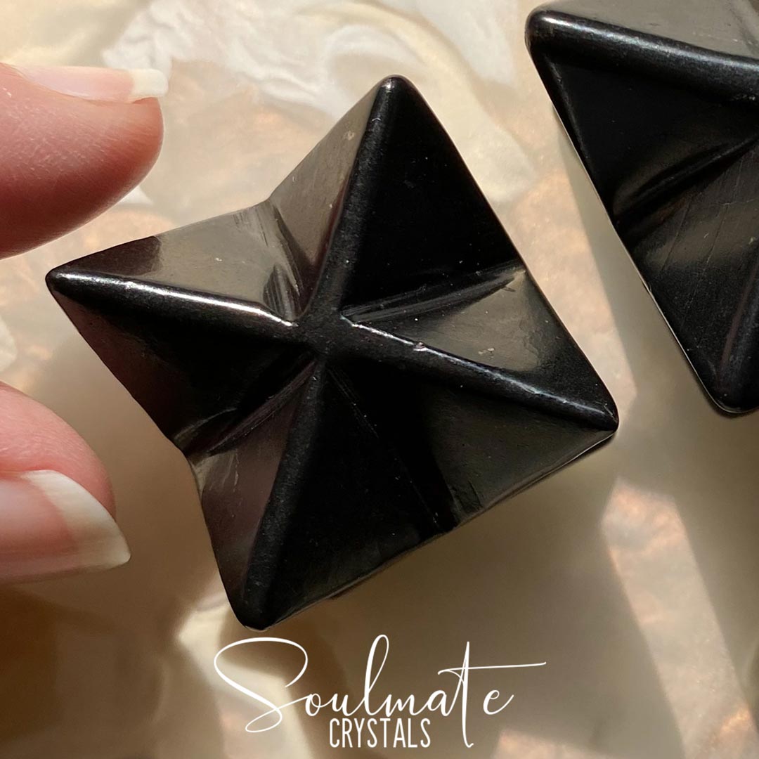 Soulmate Crystals Shungite Polished Stone Merkaba, Black Star, Sacred Geometry.