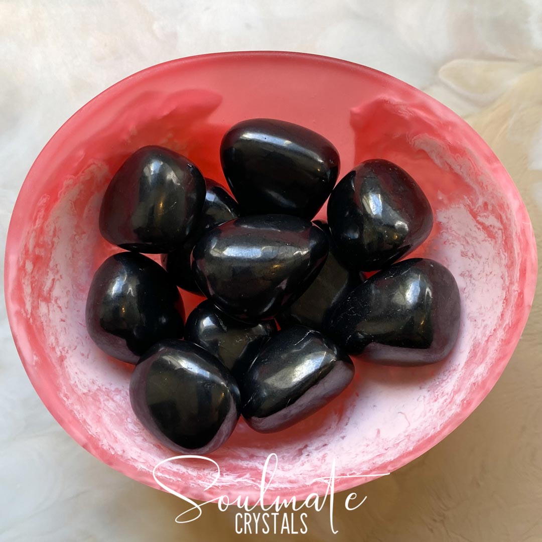 Soulmate Crystals Shungite Tumbled Stone, Black Polished Stone Fullerene for Wellness, EMF Protection