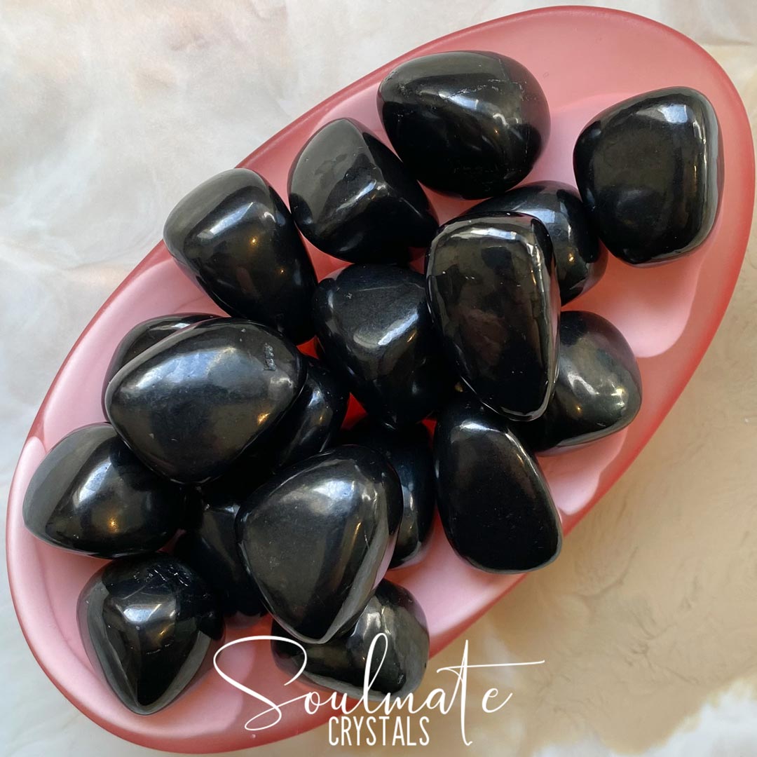 Soulmate Crystals Shungite Tumbled Stone, Black Polished Stone Fullerene for Wellness, EMF Protection