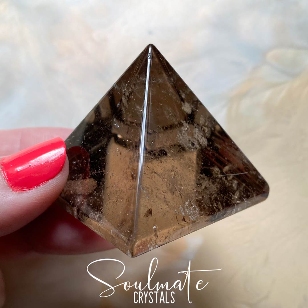 Soulmate Crystals Smoky Quartz Polished Crystal Pyramid, Brown Translucent Crystal for Grounding, Protection.