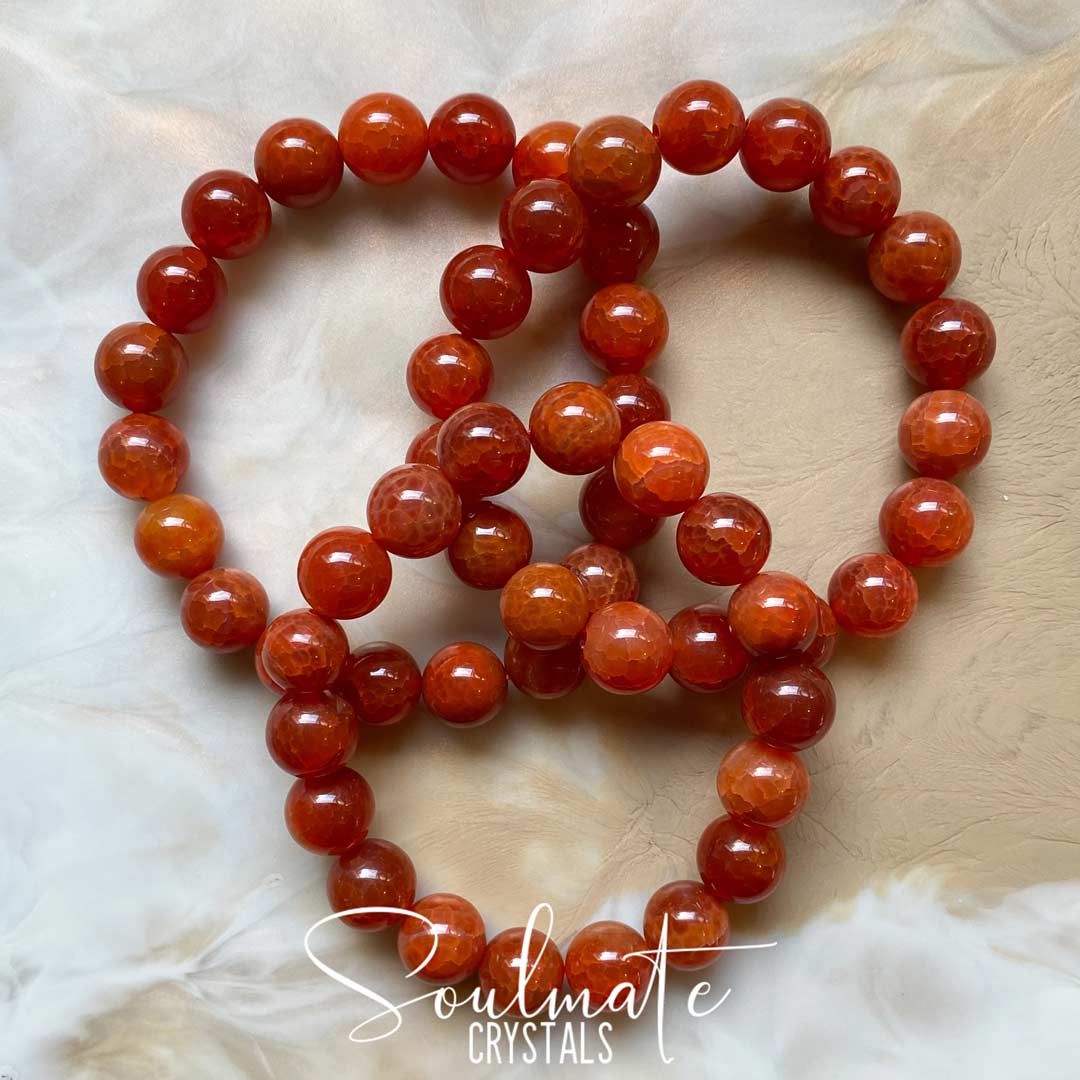 Soulmate Crystals Snakeskin Fire Agate Polished Crystal Bracelet 10mm, Orange Crystal for Protection, Determination, Overcoming Cravings, Addiction, Bravery, Ambition, Workplace Relations.