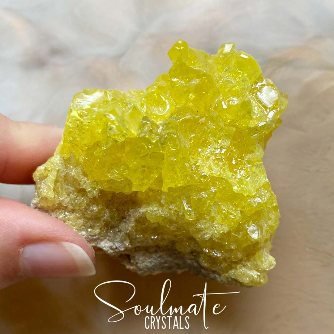 Soulmate Crystals Sulphur Raw Natural Crystaline Mineral Specimen, Bright Yellow Sulfur Crystal Mineral Specimen for Personal Power, Transformation, Intuition.