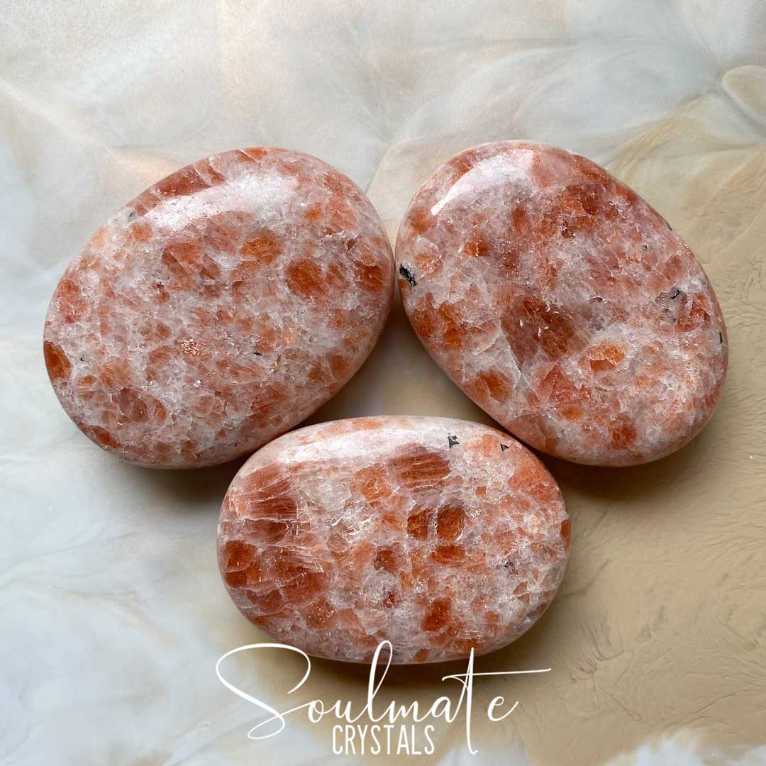 Soulmate Crystals Sunstone Polished Crystal Palm Stone, Orange Crystal for Joy, Positivity, Motivation, Optimism, Vitality, Creativity.