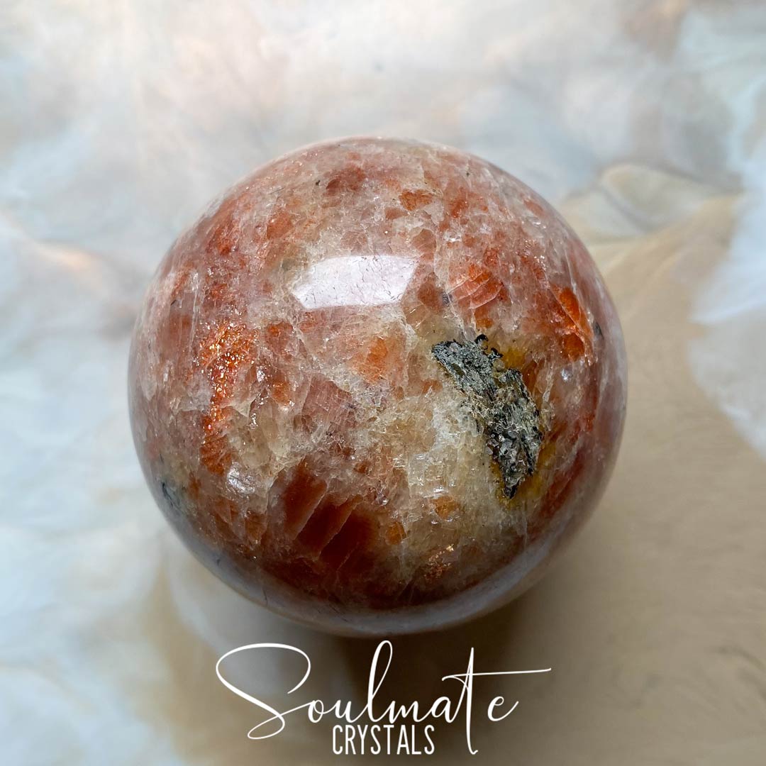 Soulmate Crystals Sunstone Polished Crystal Sphere, Orange Crystal for Vitality, Creativity, Personal Growth, Uplifting, Joy.