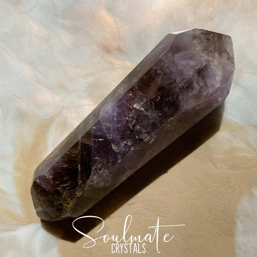 Soulmate Crystals Super Seven Cacoxenite Polished DT Wand, Purple Black Crystal for Calm, Harmony