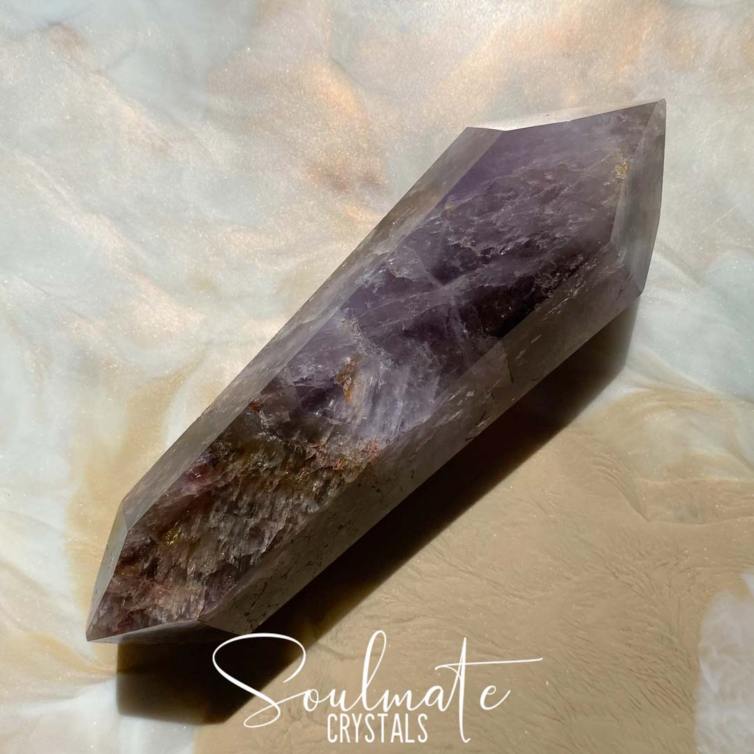 Soulmate Crystals Super Seven Cacoxenite Polished DT Wand, Purple Black Crystal for Calm, Harmony