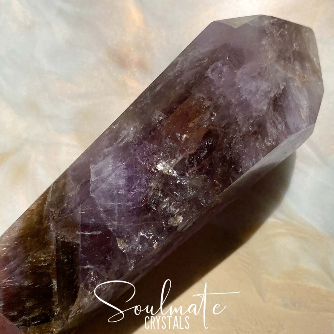 Soulmate Crystals Super Seven Cacoxenite Polished DT Wand, Purple Black Crystal for Calm, Harmony