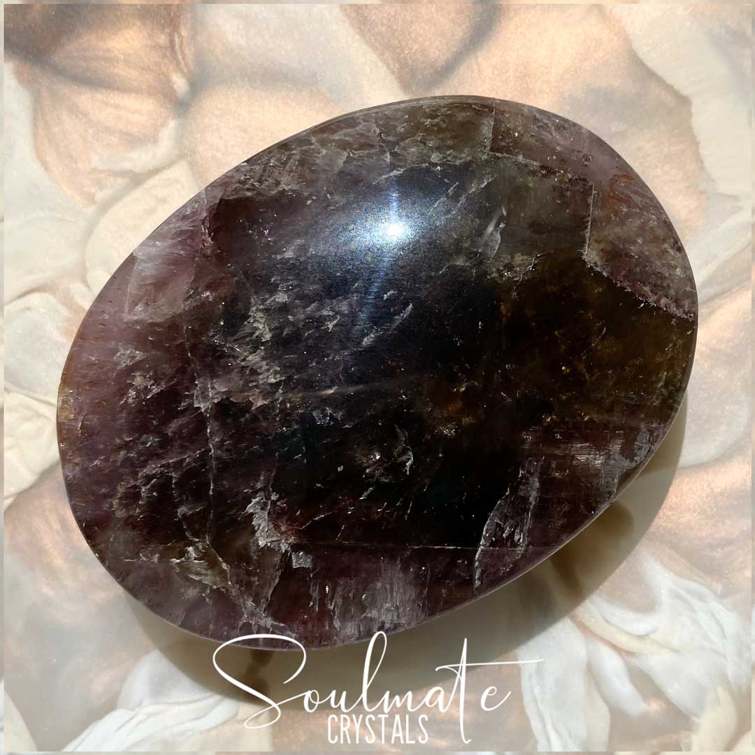Soulmate Crystals Super Seven Cacoxenite Polished Palm Stone, Purple Black Crystal for Calm, Harmony, Goal Setting, Intentions.