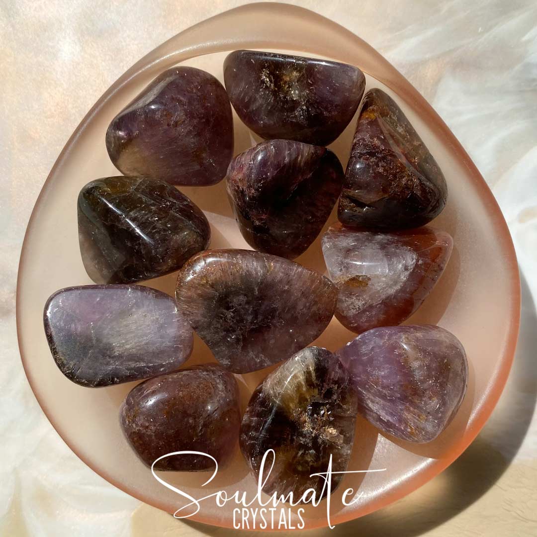 Soulmate Crystals Super Seven Cacoxenite Tumbled Stone, Purple Black Crystal for Calm, Harmony.