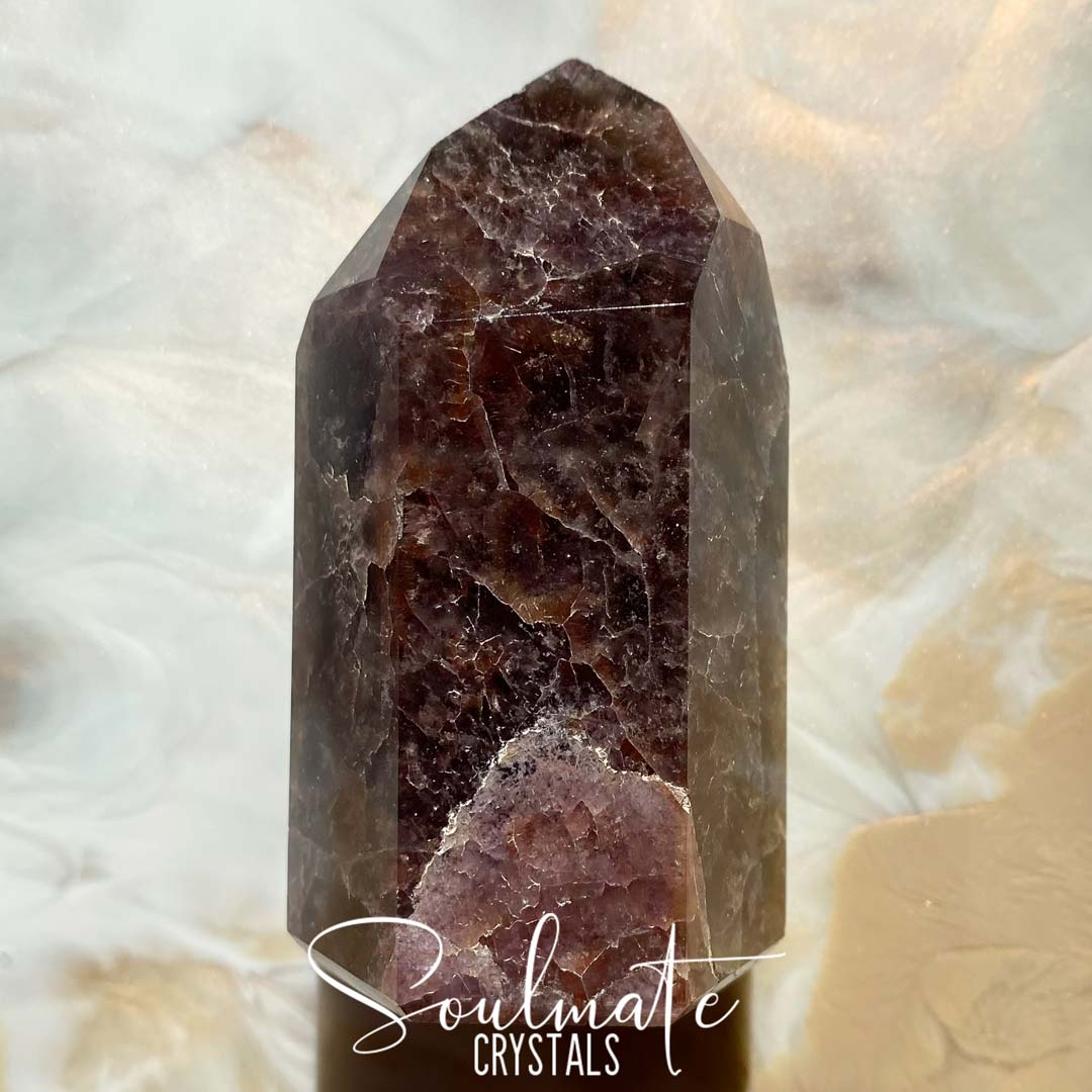 Soulmate Crystals Super Seven Cacoxenite Polished Crystal Point, Purple Black Crystal for Calm, Harmony