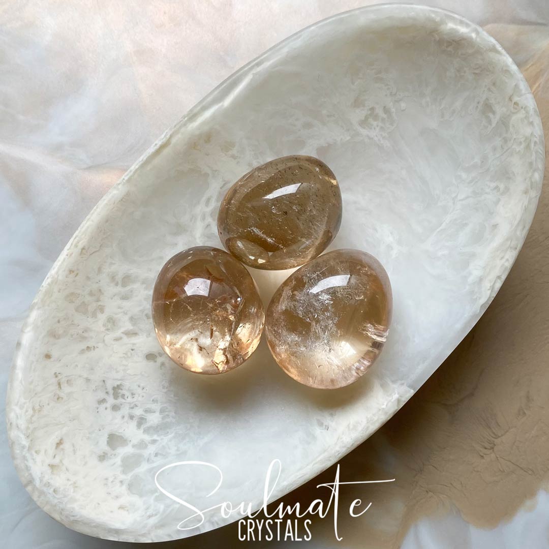 Soulmate Crystals Tangerine Aura Quartz Tumbled Stone, Iridescent Rainbow Sheen Peach Coated Clear Quartz Crystal for Vitality, Wellbeing, Creativity, Joy.