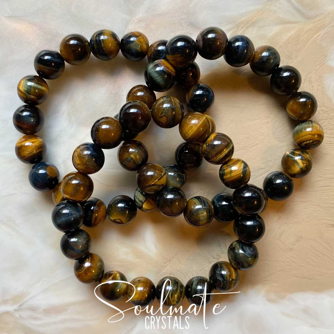 Soulmate Crystals Tiger Eye Blue Gold Polished Crystal Bracelet, Chatoyant Deep Blue Gold Crystal for Protection, Wisdom, Connectedness, Stress Relief, One Size Fits Most, Crystal Jewellery, Beaded Bracelet.