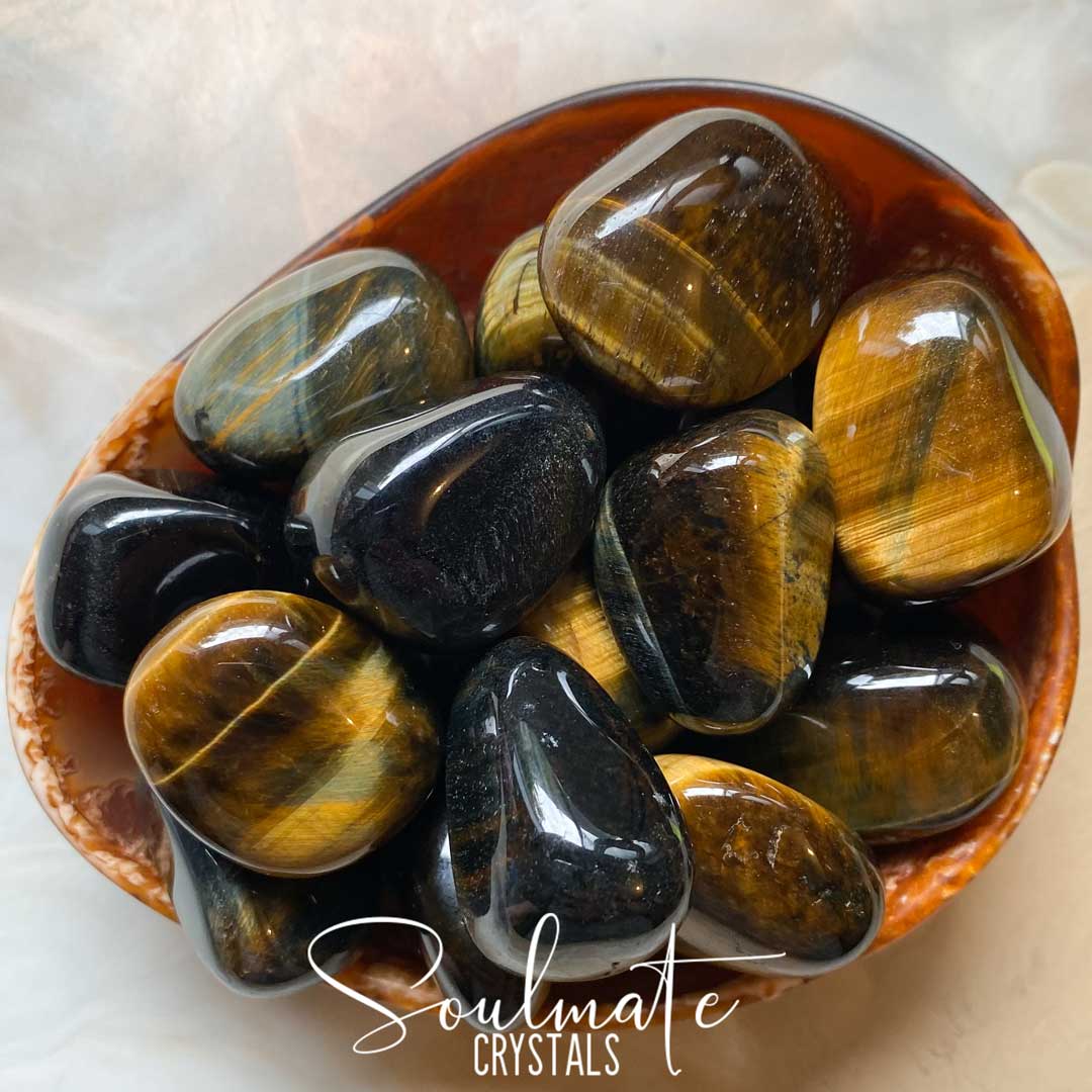 Soulmate Crystals Blue Gold Tiger’s Eye Tumbled Stone, Polished Chatoyant Gold Blue Crystal for Wisdom, Guidance and Protection.