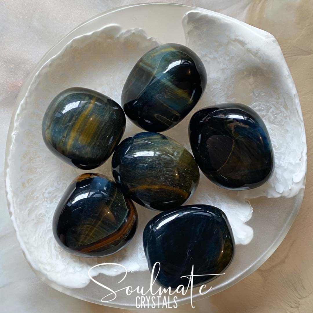 Soulmate Crystals Blue Gold Tiger’s Eye Tumbled Stone, Polished Chatoyant Gold Blue Crystal for Wisdom, Guidance and Protection