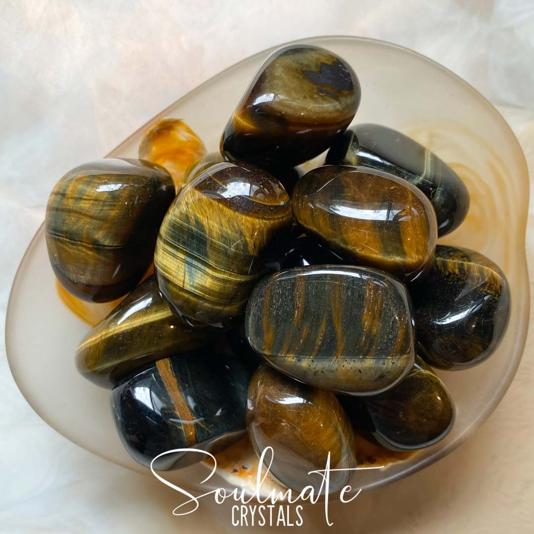 Soulmate Crystals Blue Gold Tiger’s Eye Tumbled Stone, Polished Chatoyant Gold Blue Crystal for Wisdom, Guidance and Protection.