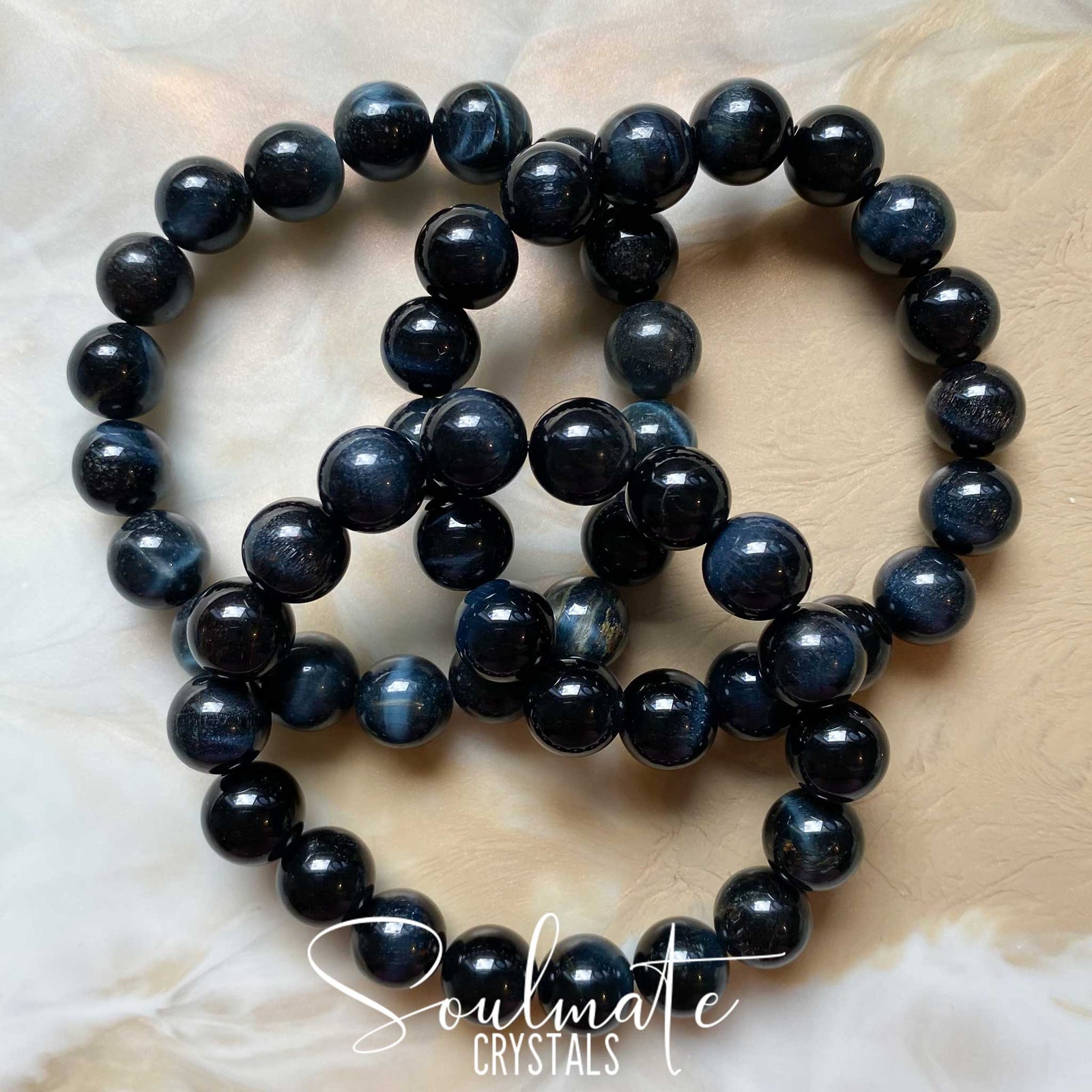 Soulmate Crystals Tiger Eye Blue Polished Crystal Bracelet, Chatoyant Deep Blue Crystal for Protection, Wisdom, Connectedness, One Size Fits Most, Crystal Jewellery, Beaded Bracelet.