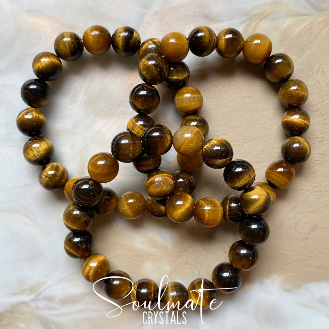 Soulmate Crystal&#39;s Gold Tigers Eye Polished Crystal Bracelet, Golden Brown Crystal for Courage and Abundance, One Size Fits Most, Crystal Jewellery