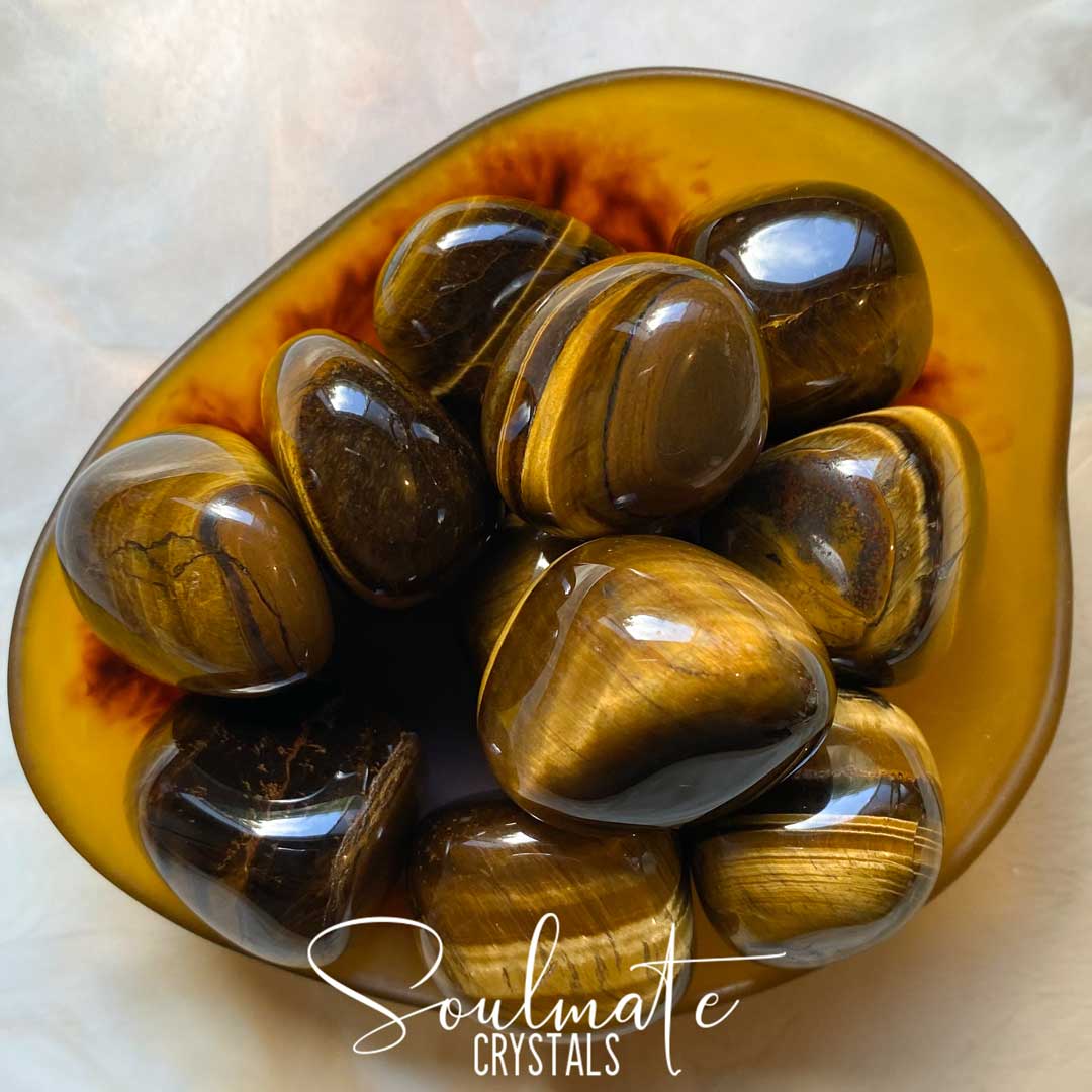 Soulmate Crystals Gold Tiger's Eye Tumbled Stone, Chatoyant Gold Crystal for Courage, Self-Worth, Prosperity, Abundance