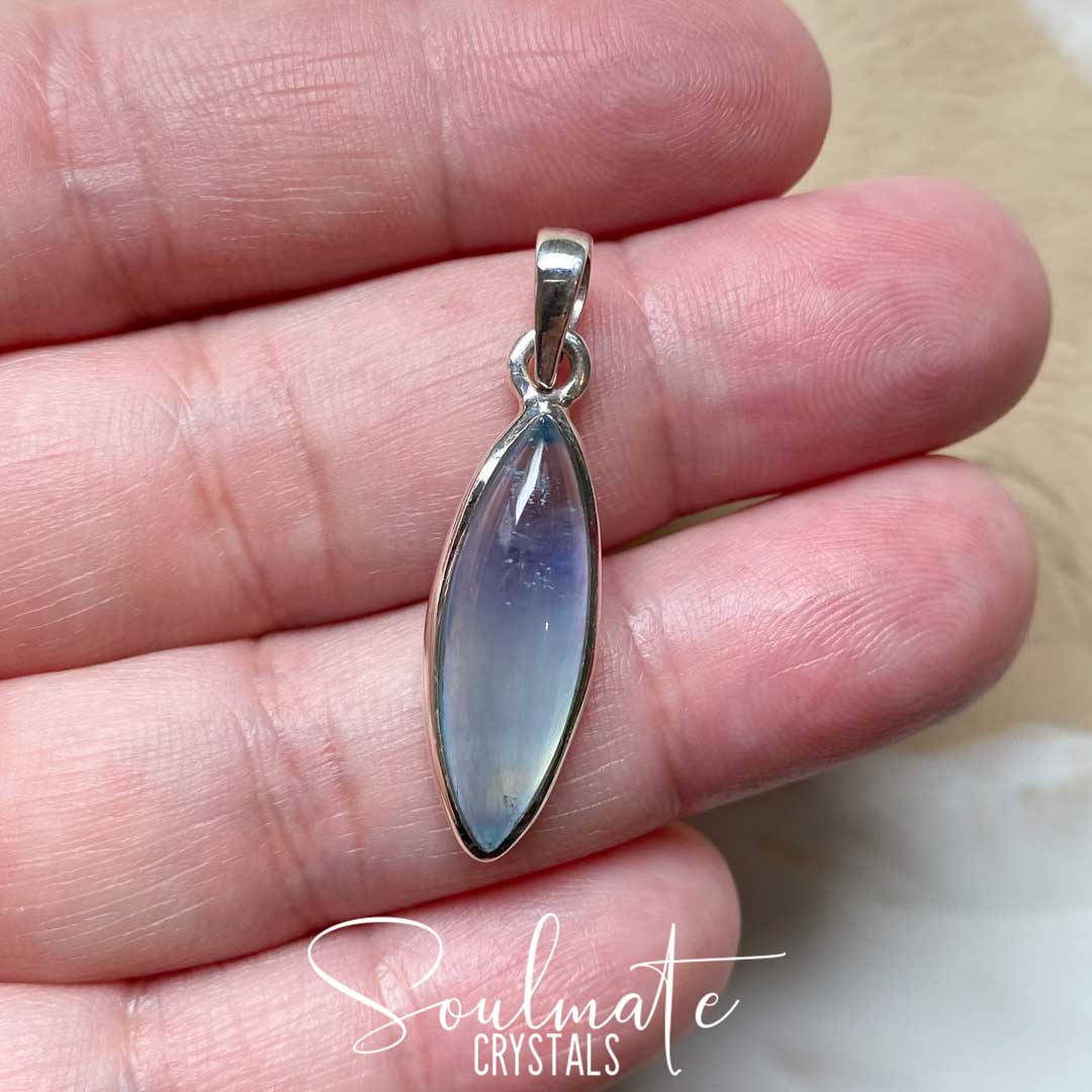 Soulmate Crystals Aquamarine Polished Crystal Pendant Eye Sterling Silver, Natural Gemmy Blue Crystal for Love, Luck and Courage, Pendant, Jewellery, Jewelry, Wearable Crystal Jewellery.
