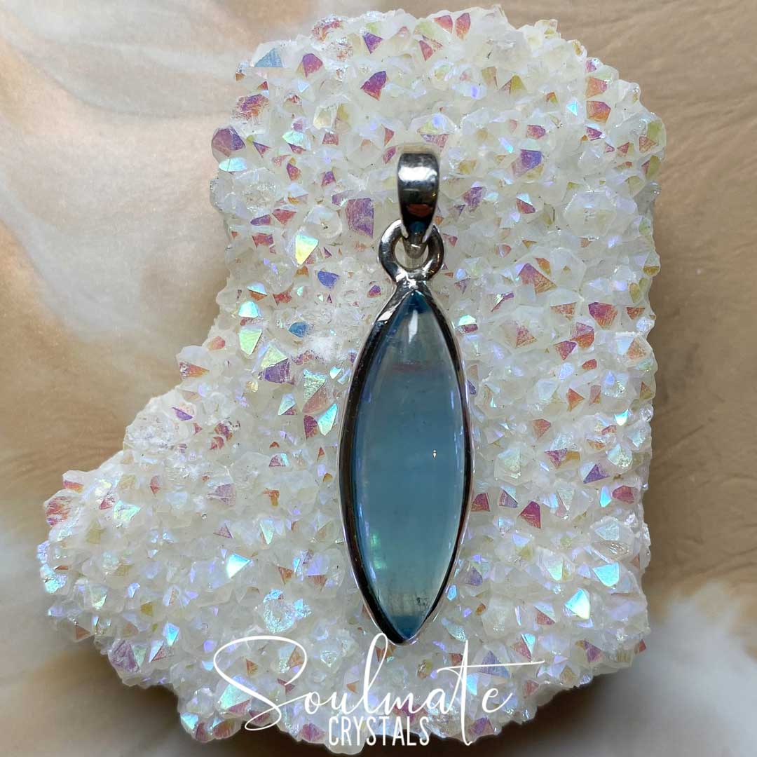 Soulmate Crystals Aquamarine Polished Crystal Pendant Eye Sterling Silver, Natural Gemmy Blue Crystal for Love, Luck and Courage, Pendant, Jewellery, Jewelry, Wearable Crystal Jewellery.