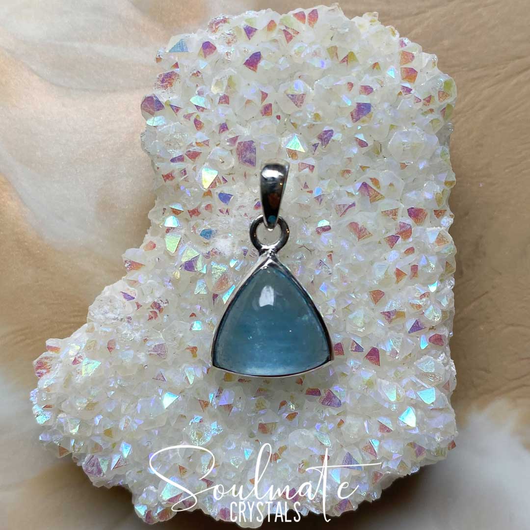Soulmate Crystals Aquamarine Polished Crystal Pendant Pyramid Sterling Silver, Natural Gemmy Blue Crystal for Love, Luck and Courage, Pendant, Jewellery, Jewelry, Wearable Crystal Jewellery.