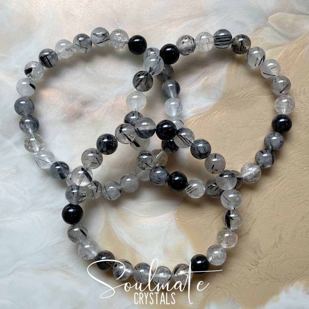 Soulmate Crystals Tourmalinated Quartz Polished Crystal Bracelet, Black Tourmaline in opaque or Clear Quartz Crystal for Balance.